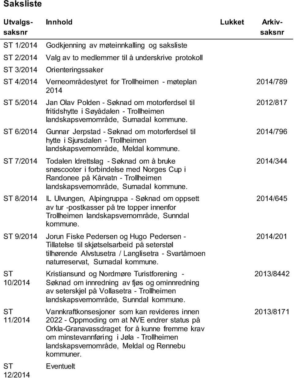 landskapsvernområde, Surnadal kommune. Gunnar Jerpstad - Søknad om motorferdsel til hytte i Sjursdalen - Trollheimen landskapsvernområde, Meldal kommune.