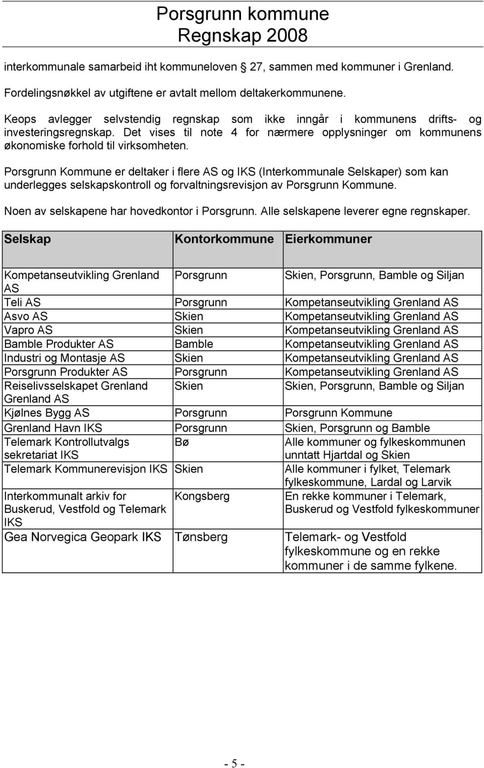 Porsgrunn Kommune er deltaker i flere AS og IKS (Interkommunale Selskaper) som kan underlegges selskapskontroll og forvaltningsrevisjon av Porsgrunn Kommune.