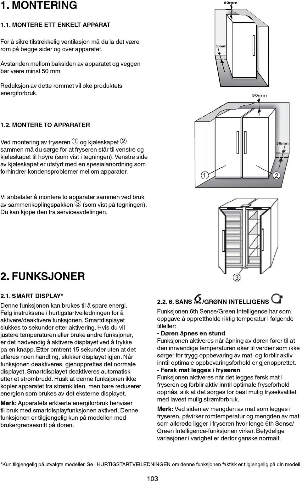 1. MONTERE ETT ENKELT APPARAT For å sikre tilstrekkelig ventilasjon må du la det være rom på begge sider og over apparatet.