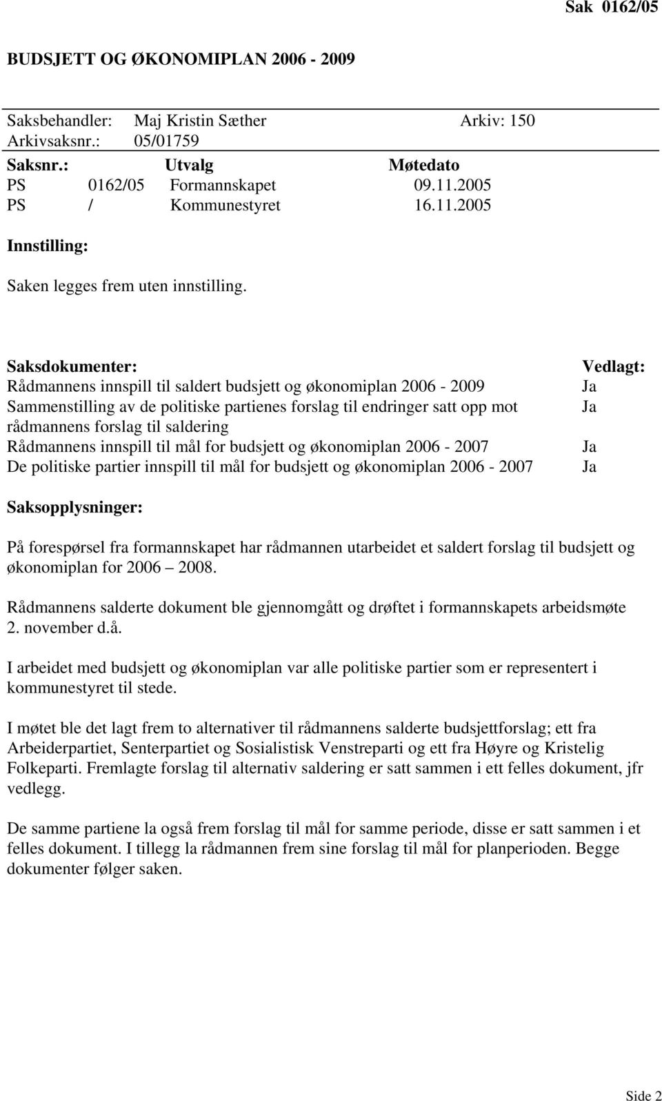 Saksdokumenter: Rådmannens innspill til saldert budsjett og økonomiplan 2006-2009 Sammenstilling av de politiske partienes forslag til endringer satt opp mot rådmannens forslag til saldering