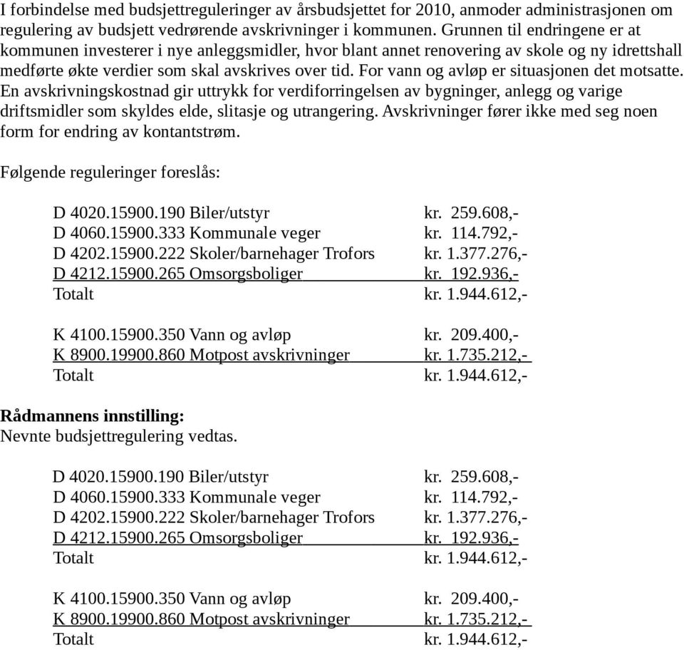 For vann og avløp er situasjonen det motsatte. En avskrivningskostnad gir uttrykk for verdiforringelsen av bygninger, anlegg og varige driftsmidler som skyldes elde, slitasje og utrangering.