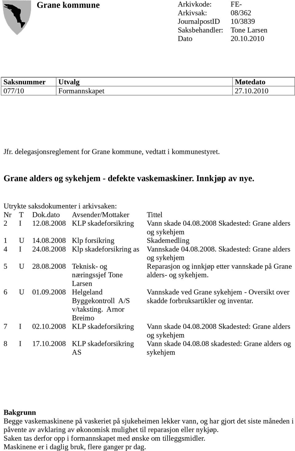 dato Avsender/Mottaker Tittel 2 I 12.08.2008 KLP skadeforsikring Vann skade 04.08.2008 Skadested: Grane alders og sykehjem 1 U 14.08.2008 Klp forsikring Skademedling 4 I 24.08.2008 Klp skadeforsikring as Vannskade 04.