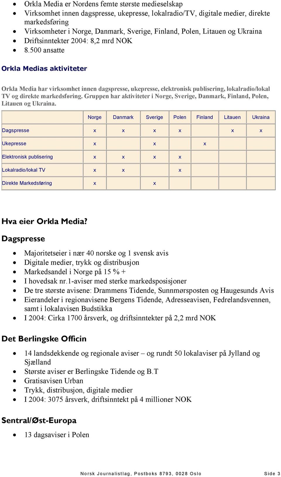 500 ansatte Orkla Medias aktiviteter Orkla Media har virksomhet innen dagspresse, ukepresse, elektronisk publisering, lokalradio/lokal TV og direkte markedsføring.