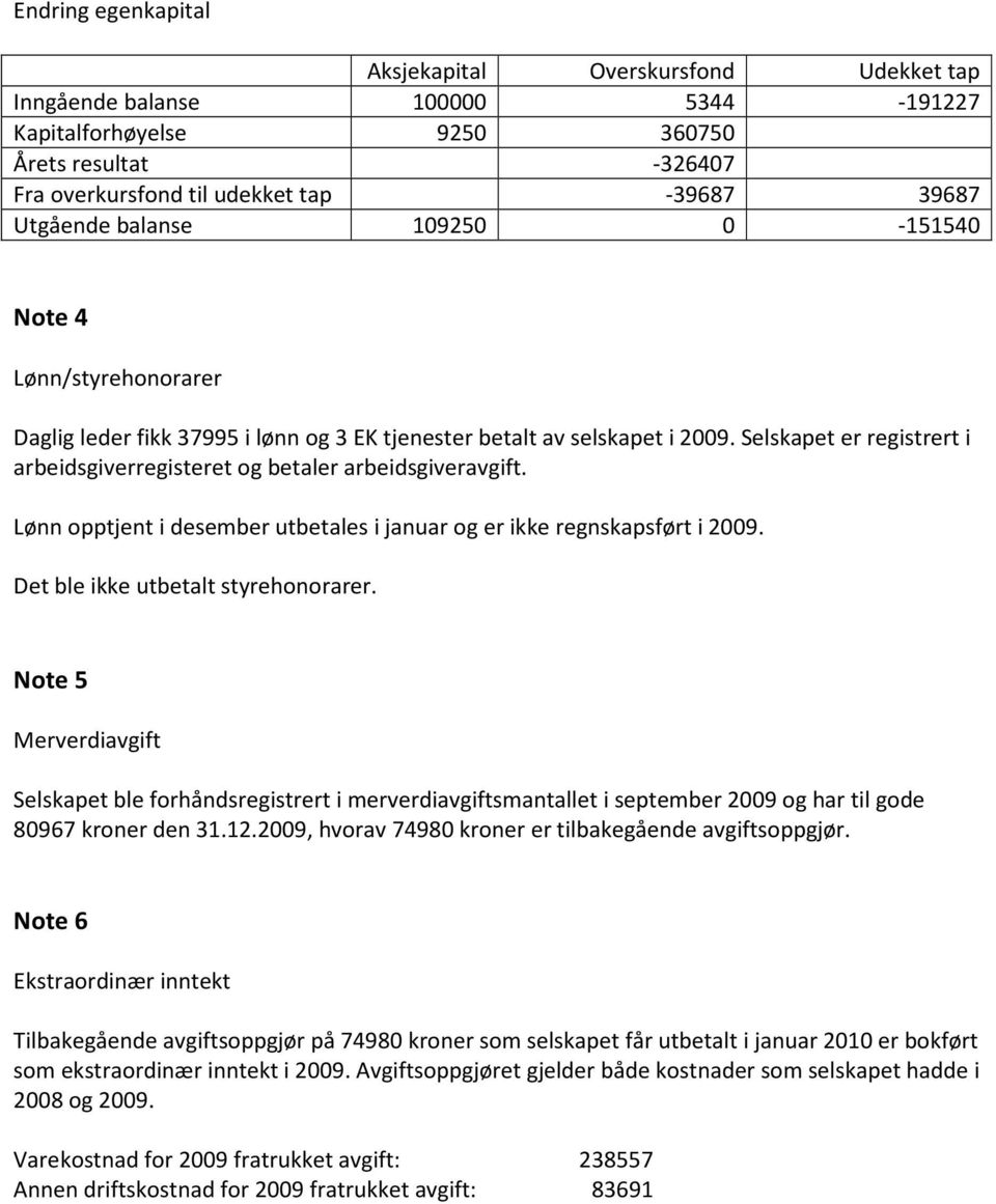 Selskapet er registrert i arbeidsgiverregisteret og betaler arbeidsgiveravgift. Lønn opptjent i desember utbetales i januar og er ikke regnskapsført i 2009. Det ble ikke utbetalt styrehonorarer.