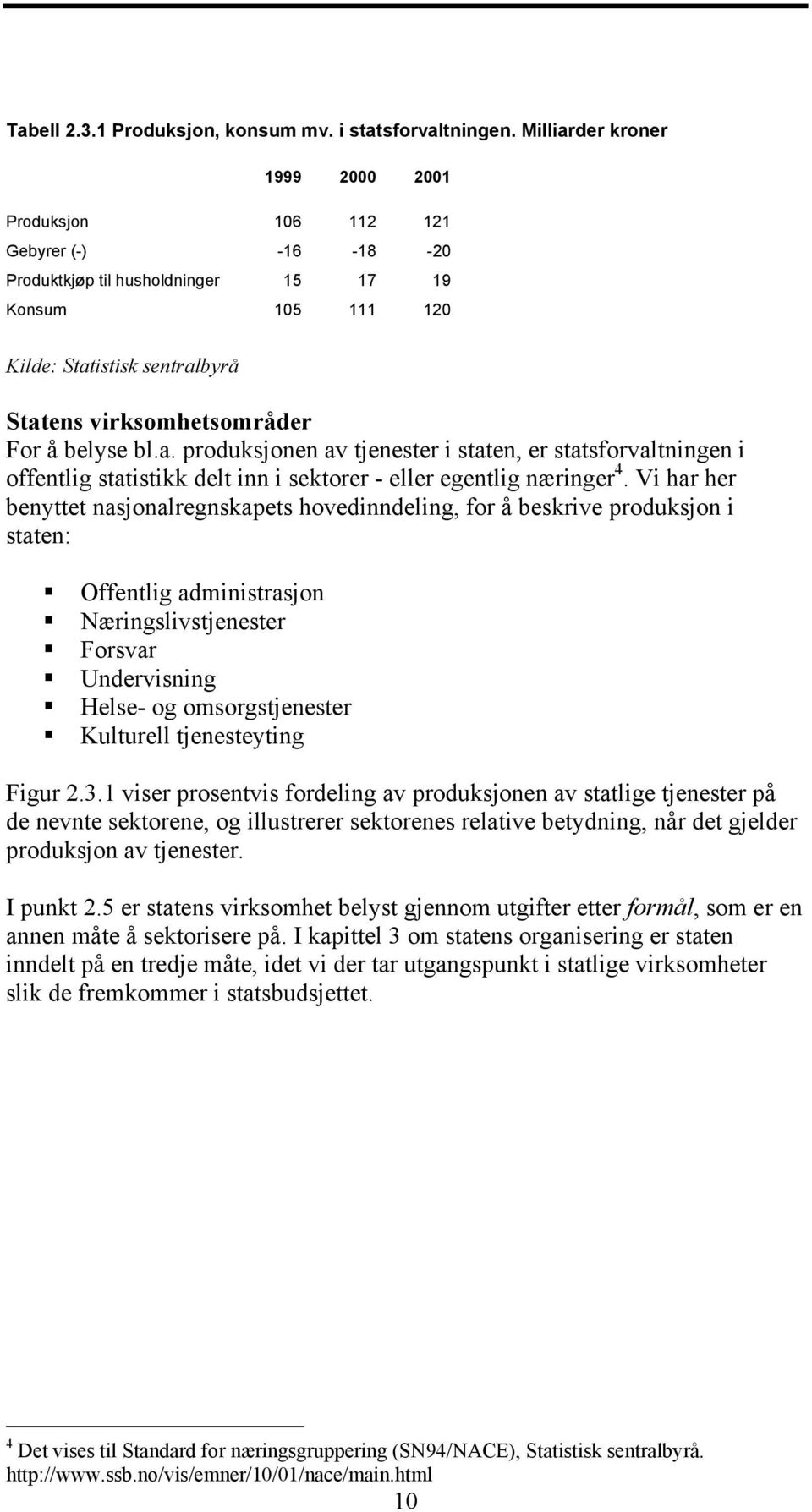 Vi har her benyttet nasjonalregnskapets hovedinndeling, for å beskrive produksjon i staten: Offentlig administrasjon Næringslivstjenester Forsvar Undervisning Helse- og omsorgstjenester Kulturell