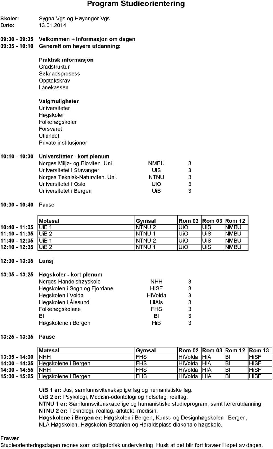 Gymsal Rom 02 Rom 03 Rom 12 10:40-11:05 UiB 1 NTNU 2 UiO UiS NMBU 11:10-11:35 UiB 2 NTNU 1 UiO UiS NMBU 11:40-12:05 UiB 1 NTNU 2 UiO UiS NMBU 12:10-12:35 UiB 2 NTNU 1 UiO