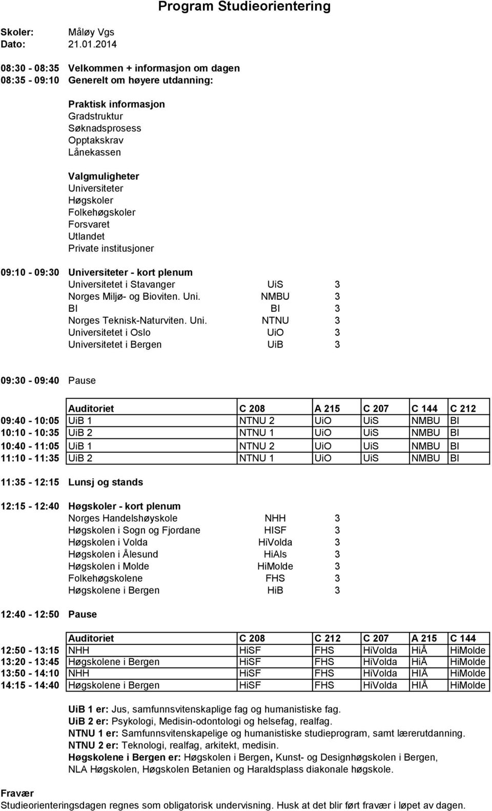 09:40-10:05 UiB 1 NTNU 2 UiO UiS NMBU BI 10:10-10:35 UiB 2 NTNU 1 UiO UiS NMBU BI 10:40-11:05 UiB 1 NTNU 2 UiO UiS NMBU BI 11:10-11:35 UiB 2 NTNU 1 UiO UiS NMBU BI 11:35-12:15