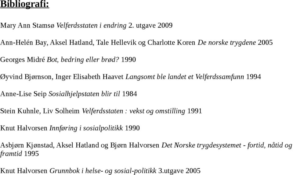 1990 Øyvind Bjørnson, Inger Elisabeth Haavet Langsomt ble landet et Velferdssamfunn 1994 Anne-Lise Seip Sosialhjelpstaten blir til 1984 Stein Kuhnle, Liv