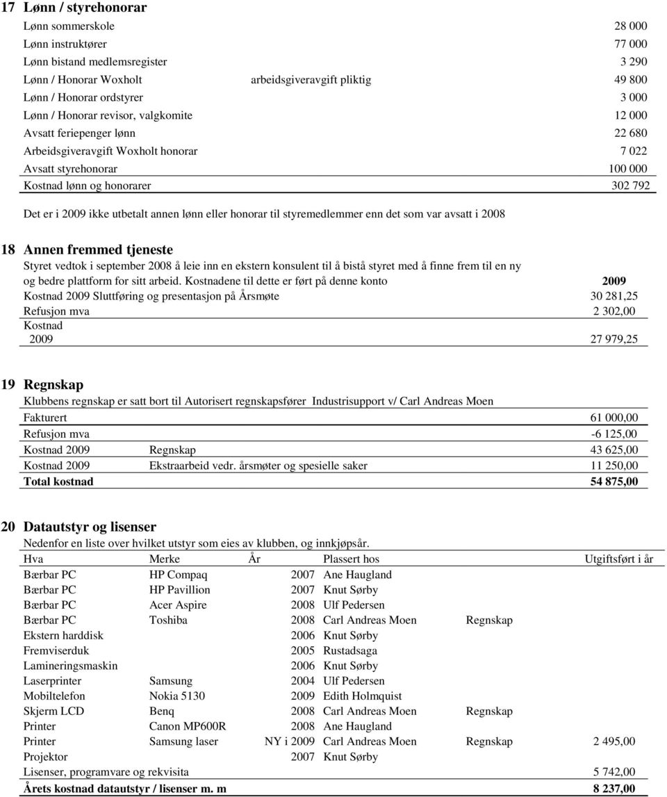 annen lønn eller honorar til styremedlemmer enn det som var avsatt i 2008 18 Annen fremmed tjeneste Styret vedtok i september 2008 å leie inn en ekstern konsulent til å bistå styret med å finne frem
