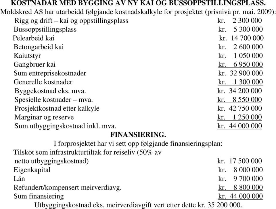 32 900 000 Generelle kostnader kr. 1 300 000 Byggekostnad eks. mva. kr. 34 200 000 Spesielle kostnader mva. kr. 8 550 000 Prosjektkostnad etter kalkyle kr. 42 750 000 Marginar og reserve kr.