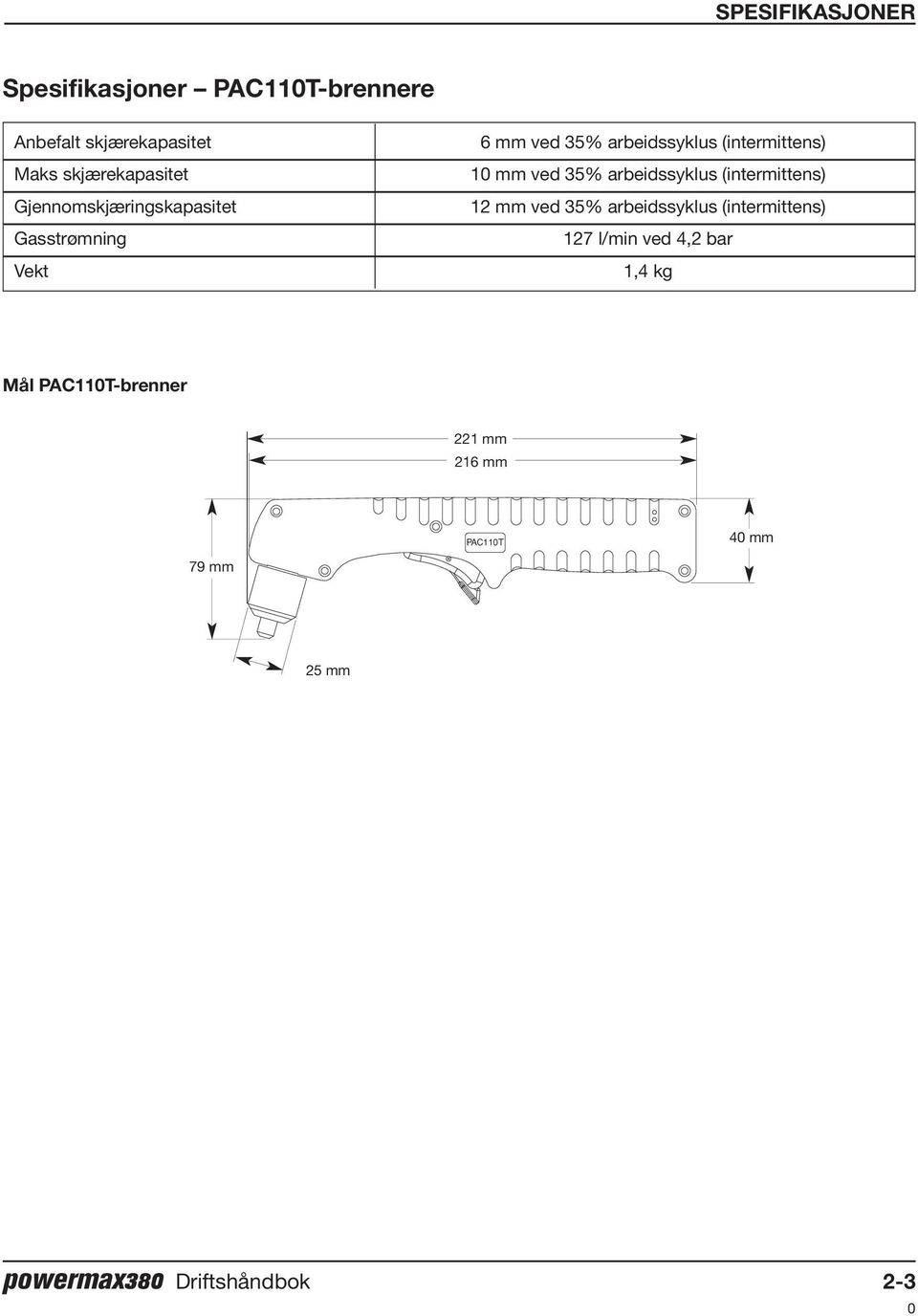 35% arbeidssyklus (intermittens) 12 mm ved 35% arbeidssyklus (intermittens) 127 l/min ved 4,2