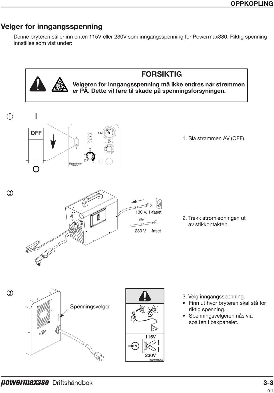 Dette vil føre til skade på spenningsforsyningen. OFF OFF 1. Slå strømmen AV (OFF). ON 120 130 V, V, 1 PH 1-faset eller or 230 V, V, 1 1-faset PH 2.