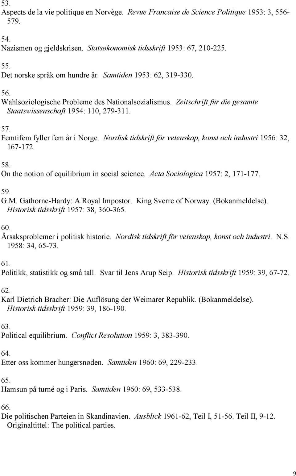 Nordisk tidskrift för vetenskap, konst och industri 1956: 32, 167-172. 58. On the notion of equilibrium in social science. Acta Sociologica 1957: 2, 171-177. 59. G.M. Gathorne-Hardy: A Royal Impostor.