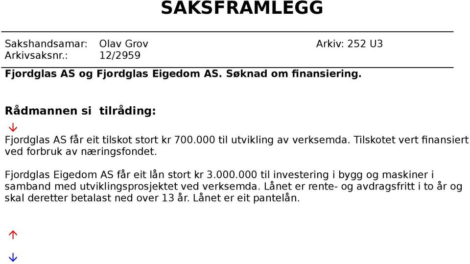 Tilskotet vert finansiert ved forbruk av næringsfondet. Fjordglas Eigedom AS får eit lån stort kr 3.000.