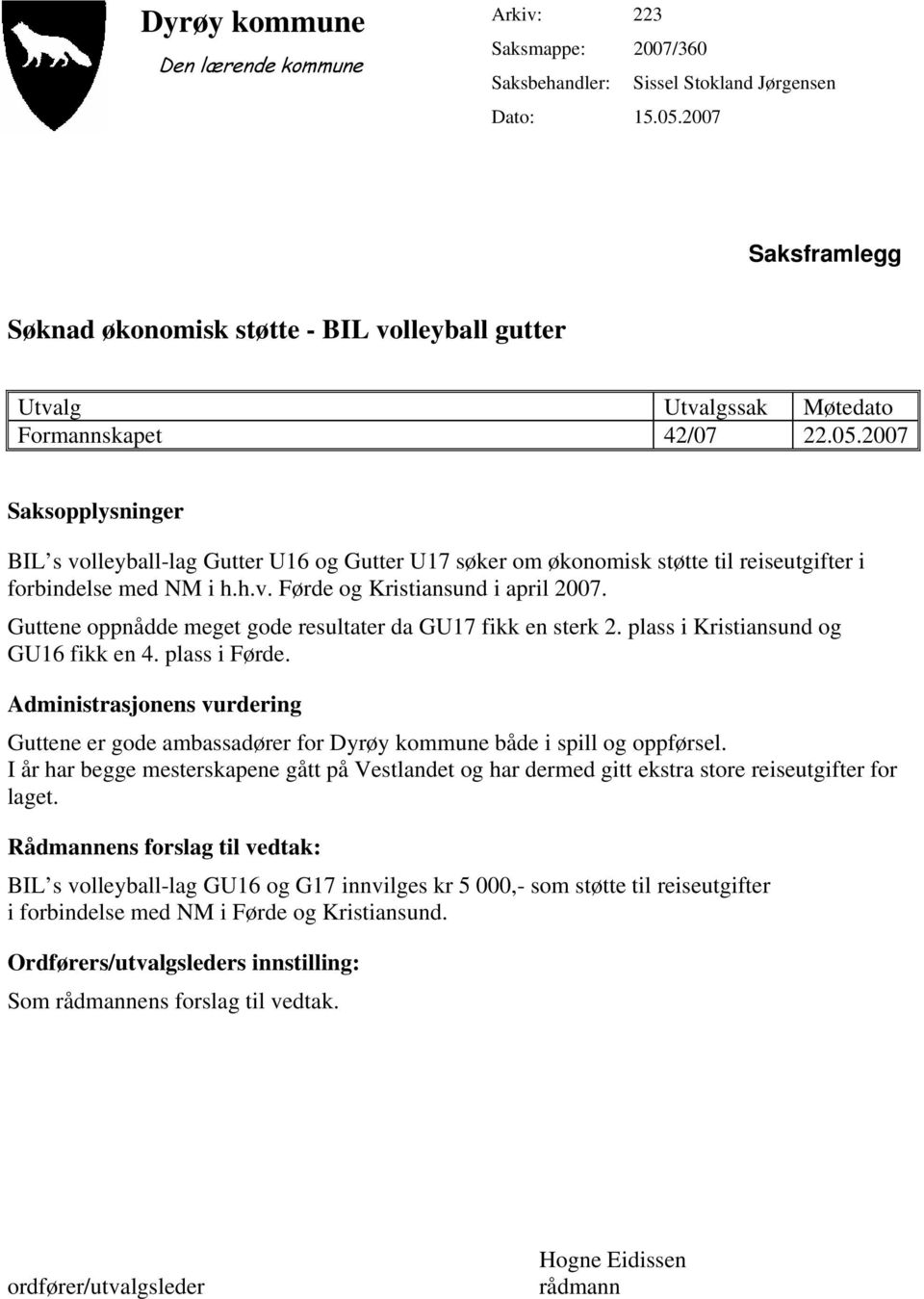 2007 Saksopplysninger BIL s volleyball-lag Gutter U16 og Gutter U17 søker om økonomisk støtte til reiseutgifter i forbindelse med NM i h.h.v. Førde og Kristiansund i april 2007.