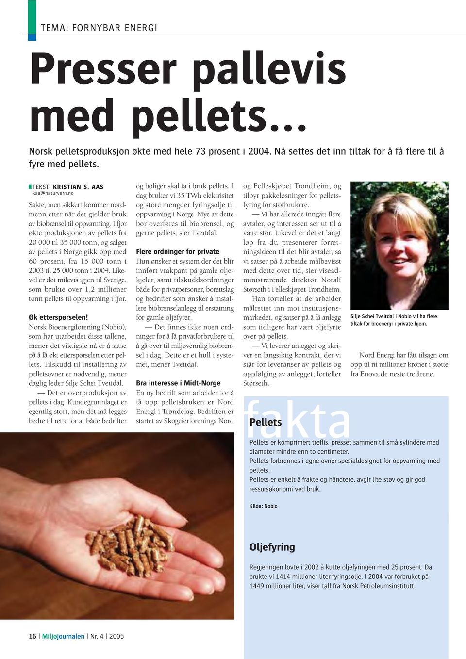 I fjor økte produksjonen av pellets fra 20 000 til 35 000 tonn, og salget av pellets i Norge gikk opp med 60 prosent, fra 15 000 tonn i 2003 til 25 000 tonn i 2004.