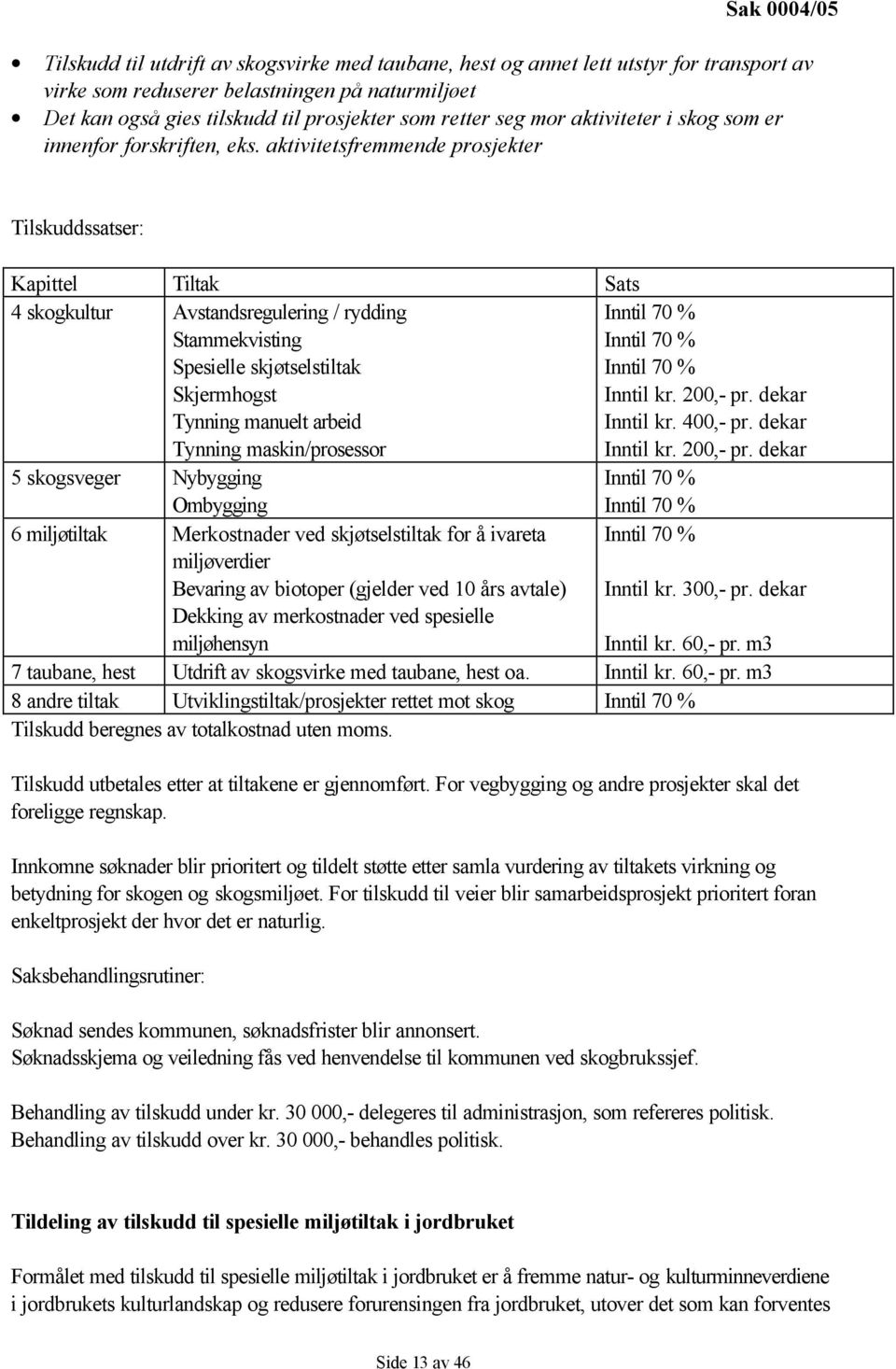 aktivitetsfremmende prosjekter Tilskuddssatser: Kapittel Tiltak Sats 4 skogkultur Avstandsregulering / rydding Stammekvisting Spesielle skjøtselstiltak Skjermhogst Tynning manuelt arbeid Tynning