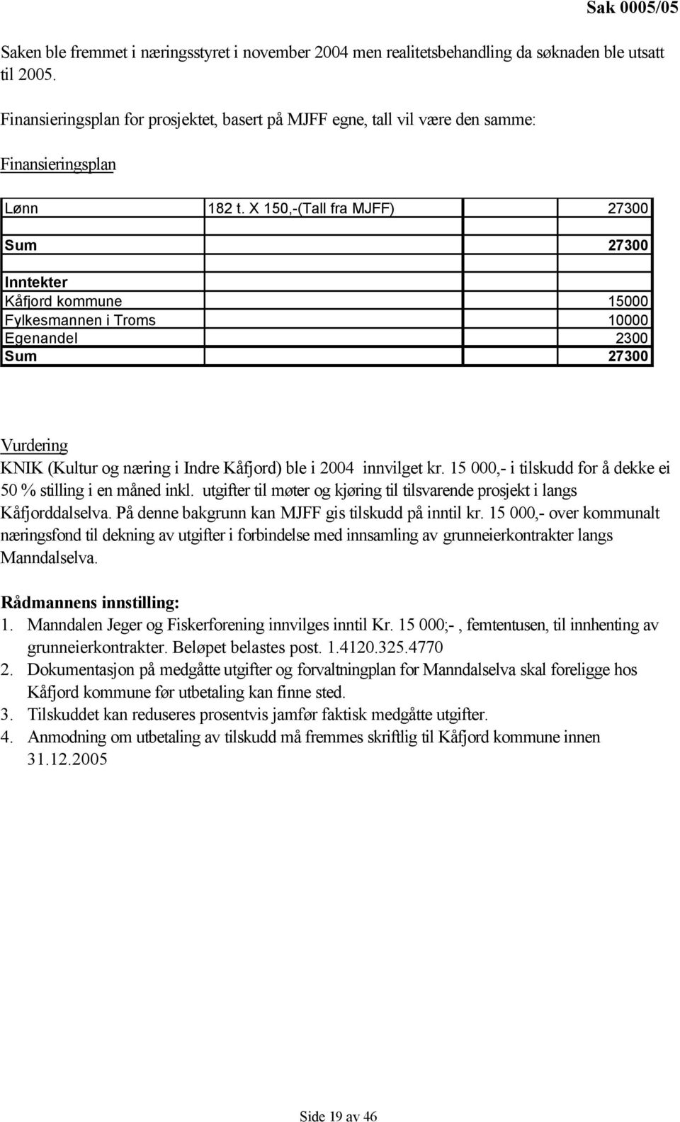 X 150,-(Tall fra MJFF) 27300 Sum 27300 Inntekter Kåfjord kommune 15000 Fylkesmannen i Troms 10000 Egenandel 2300 Sum 27300 Vurdering KNIK (Kultur og næring i Indre Kåfjord) ble i 2004 innvilget kr.