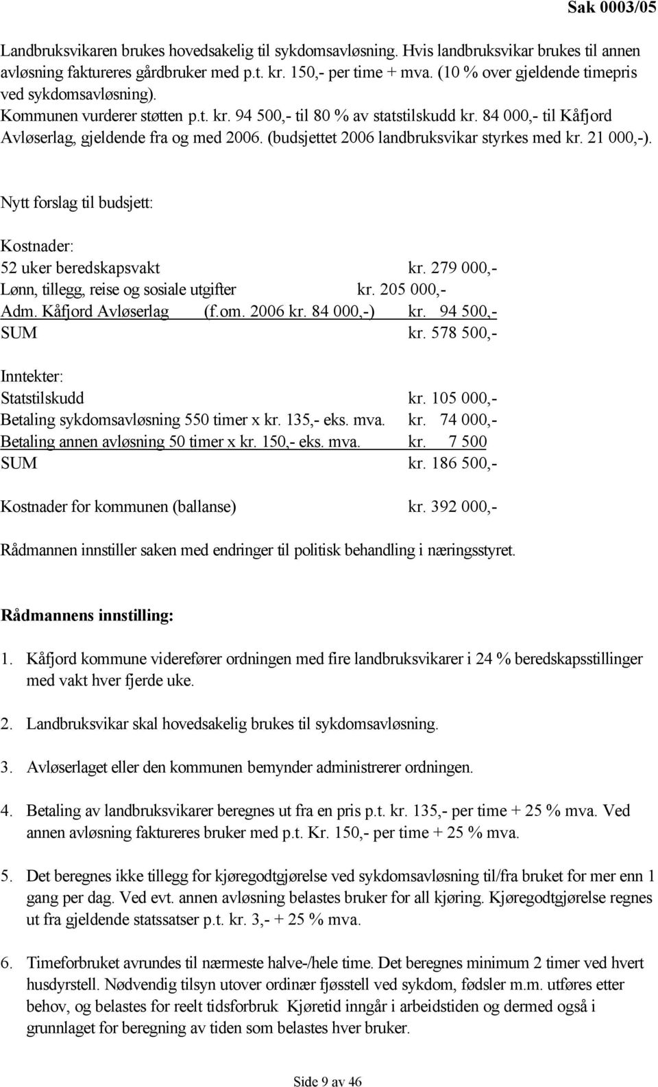 (budsjettet 2006 landbruksvikar styrkes med kr. 21 000,-). Nytt forslag til budsjett: Kostnader: 52 uker beredskapsvakt kr. 279 000,- Lønn, tillegg, reise og sosiale utgifter kr. 205 000,- Adm.