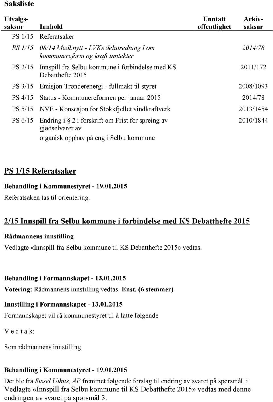 Emisjon Trønderenergi - fullmakt til styret 2008/1093 PS 4/15 Status - Kommunereformen per januar 2015 2014/78 PS 5/15 NVE - Konsesjon for Stokkfjellet vindkraftverk 2013/1454 PS 6/15 Endring i 2 i