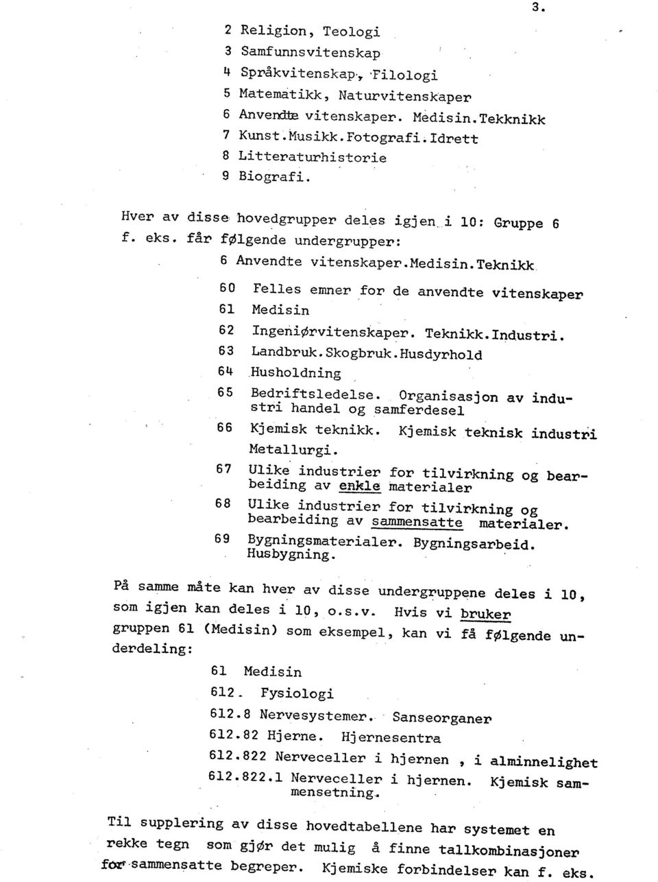 Teknikk 60 Felles emner for de anvendte vitenskaper 6l Medisin 62 IngeriiØrvi tenskaper. Teknikk. Industri. 63 Landbruk. Skogbruk. Husdyrhold 64 Husholdning 65 Bedriftsledelse.