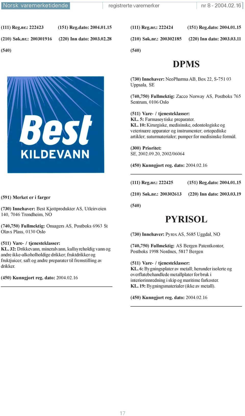 5: Farmasøytiske preparater. KL. 10: Kirurgiske, medisinske, odontologiske og veterinære apparater og instrumenter; ortopediske artikler; suturmaterialer; pumper for medisinske formål. SE, 2002.09.