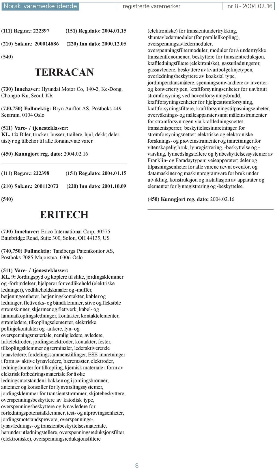 12: Biler, trucker, busser, trailere, hjul, dekk; deler, utstyr og tilbehør til alle forannevnte varer. (111) Reg.nr.: 222398 (151) Reg.dato: 2004.01.15 (210) Søk.nr.: 200112073 (220) Inn dato: 2001.
