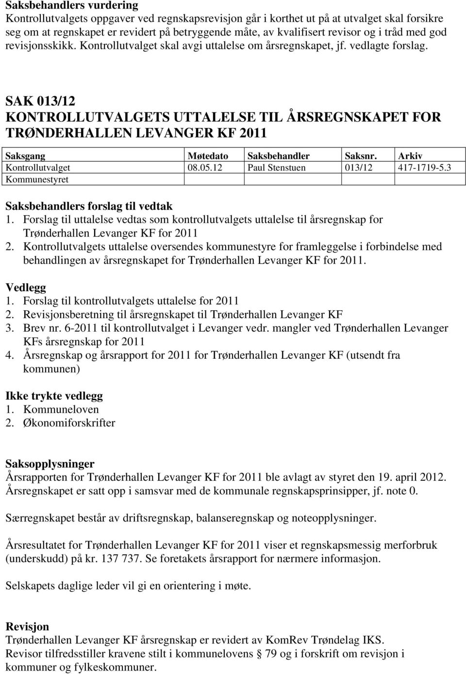 SAK 013/12 KONTROLLUTVALGETS UTTALELSE TIL ÅRSREGNSKAPET FOR TRØNDERHALLEN LEVANGER KF 2011 Kontrollutvalget 08.05.12 Paul Stenstuen 013/12 417-1719-5.3 Kommunestyret 1.