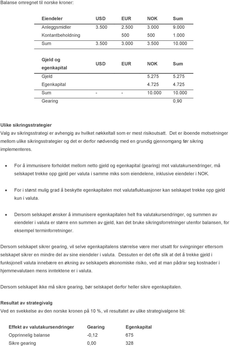 000 Gearing 0,90 Ulike sikringsstrategier Valg av sikringsstrategi er avhengig av hvilket nøkkeltall som er mest risikoutsatt.