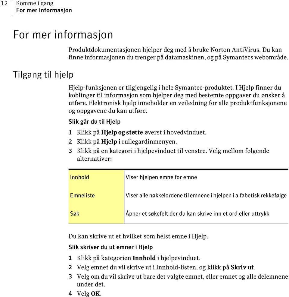 I Hjelp finner du koblinger til informasjon som hjelper deg med bestemte oppgaver du ønsker å utføre. Elektronisk hjelp inneholder en veiledning for alle produktfunksjonene og oppgavene du kan utføre.