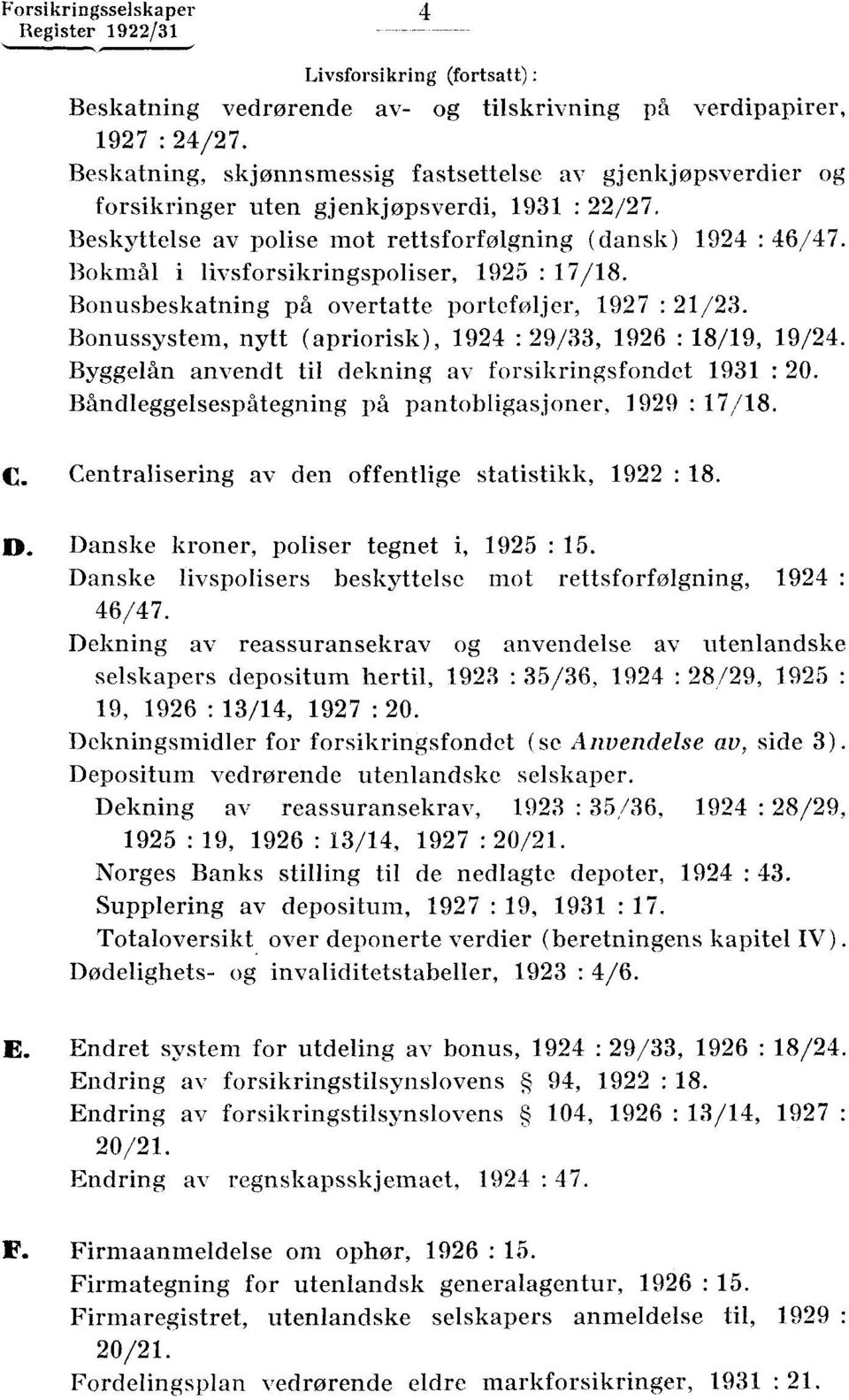 Bonussystem, nytt (apriorisk), 1924 : 29/33, 1926 : 18/19, 19/24 Byggelån anvendt til dekning av forsikringsfondet 1931 : 20 Båndleggelsespåtegning på pantobligasjoner, 1929 : 17/18 C Centralisering