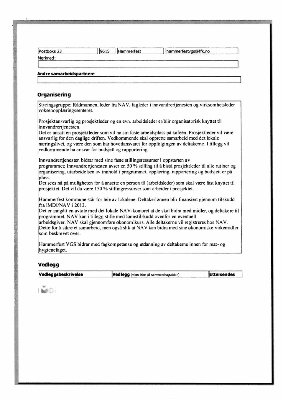 Prosjektansvarlig og prosjektleder og en evn. arbeidslederenblir organisatorisk knyttet til innvandrertjenesten. Det er ansatt en prosjektleder som vilha sin faste arbeidsplasspå kafen.