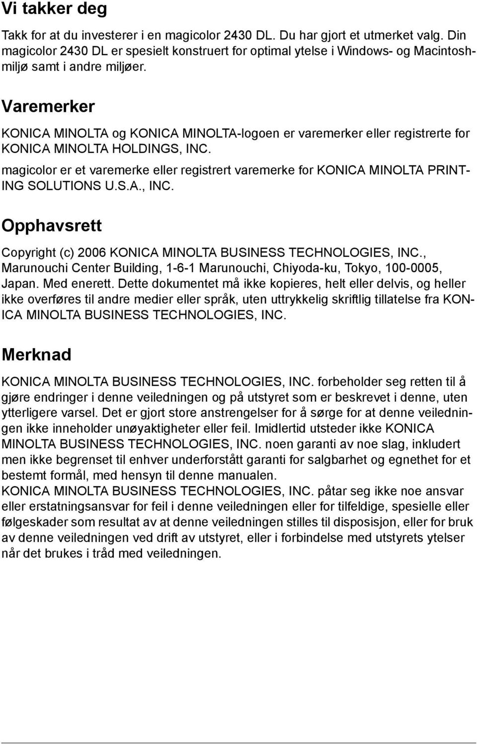 Varemerker KONICA MINOLTA og KONICA MINOLTA-logoen er varemerker eller registrerte for KONICA MINOLTA HOLDINGS, INC.