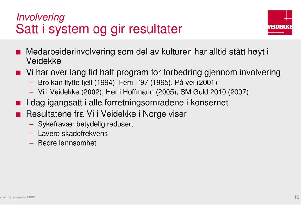 vei (2001) Vi i Veidekke (2002), Her i Hoffmann (2005), SM Guld 2010 (2007) I dag igangsatt i alle forretningsområdene i