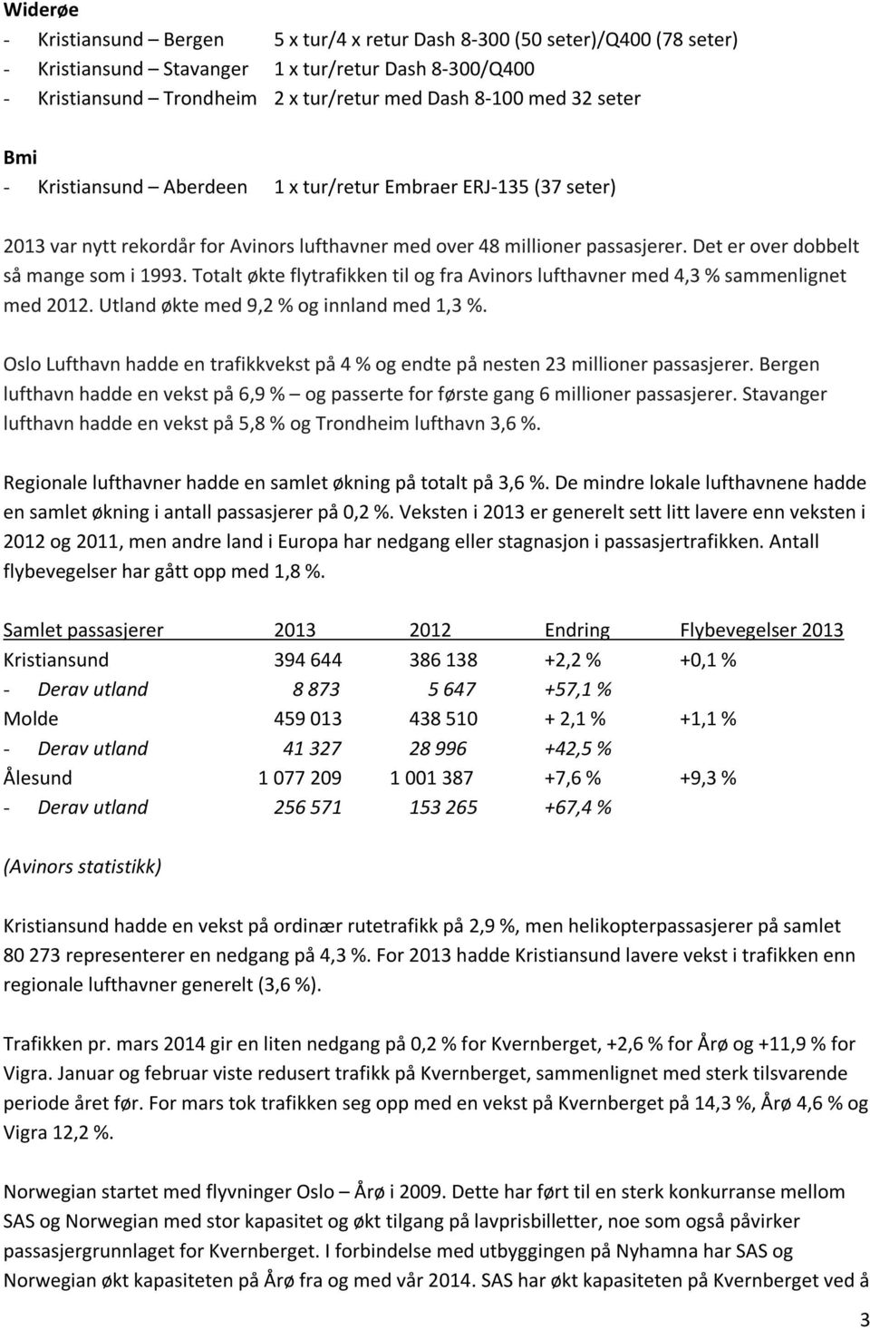 Totalt økte flytrafikken til og fra Avinors lufthavner med 4,3 % sammenlignet med 2012. Utland økte med 9,2 % og innland med 1,3 %.