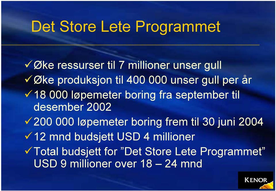 til desember 2002 200 000 løpemeter boring frem til 30 juni 2004 12 mnd budsjett