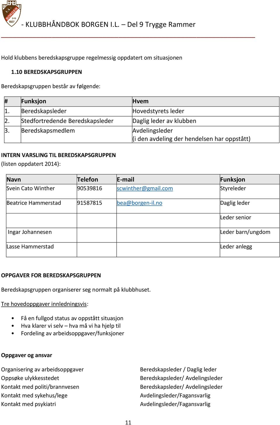 Beredskapsmedlem Avdelingsleder (i den avdeling der hendelsen har oppstått) INTERN VARSLING TIL BEREDSKAPSGRUPPEN (listen oppdatert 2014): Navn Telefon E-mail Funksjon Svein Cato Winther 90539816