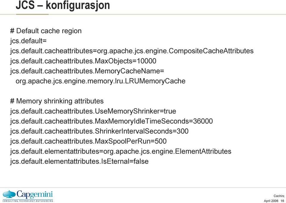 default.cacheattributes.maxmemoryidletimeseconds=36000 jcs.default.cacheattributes.shrinkerintervalseconds=300 jcs.default.cacheattributes.maxspoolperrun=500 jcs.