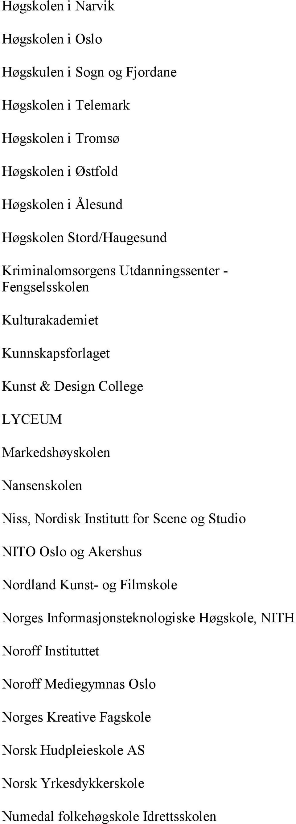 Markedshøyskolen Nansenskolen Niss, Nordisk Institutt for Scene og Studio NITO Oslo og Akershus Nordland Kunst- og Filmskole Norges