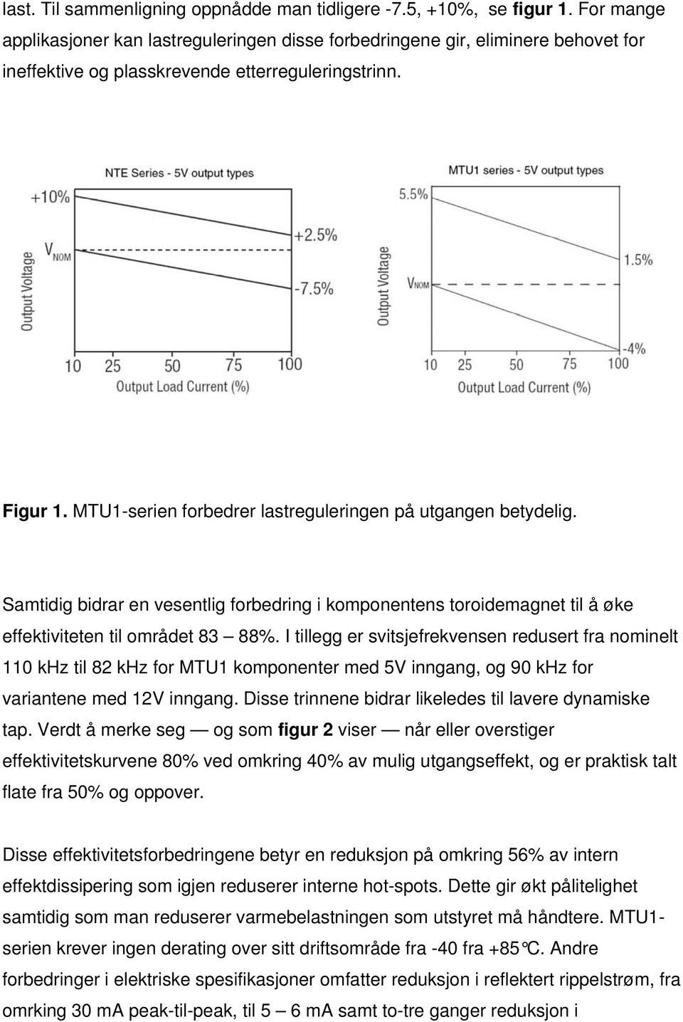 MTU1-serien forbedrer lastreguleringen på utgangen betydelig. Samtidig bidrar en vesentlig forbedring i komponentens toroidemagnet til å øke effektiviteten til området 83 88%.