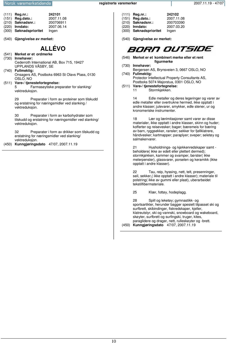 14 ALLÉVO Cederroth International AB, Box 715, 19427 UPPLANDS VÄSBY, SE Onsagers AS, Postboks 6963 St Olavs Plass, 0130 OSLO, 5 Farmasøytiske preparater for slanking/ vektreduksjon.