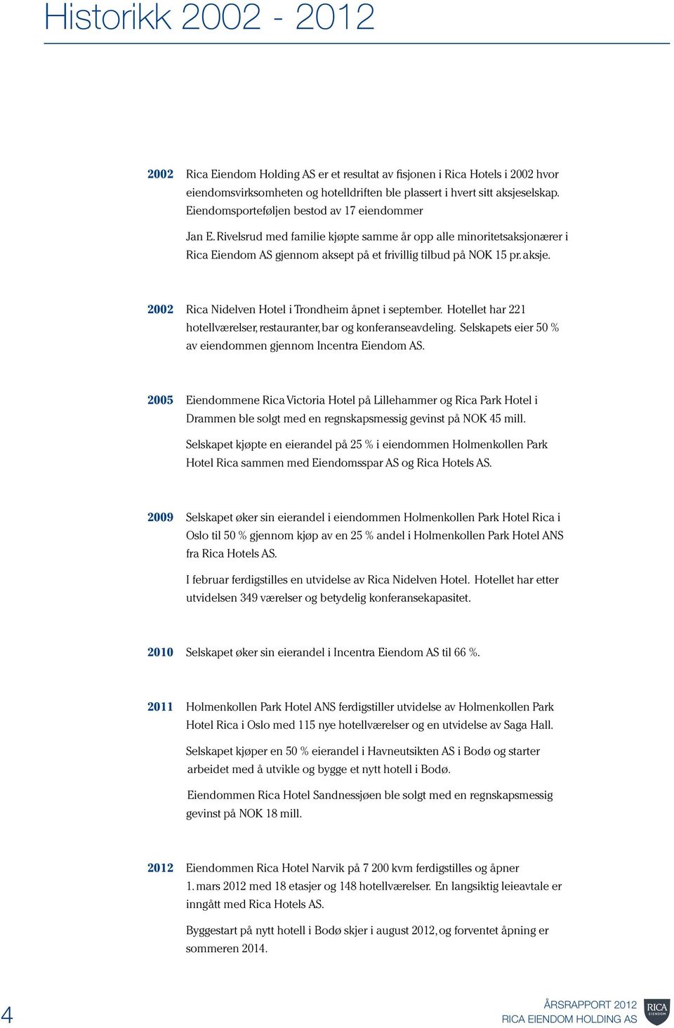 2002 Rica Nidelven Hotel i Trondheim åpnet i september. Hotellet har 221 hotellværelser, restauranter, bar og konferanseavdeling. Selskapets eier 50 % av eiendommen gjennom Incentra Eiendom AS.