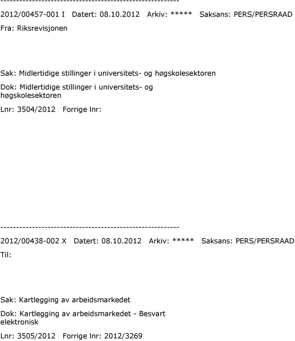 høgskolesektoren Dok: Midlertidige stillinger i universitets- og høgskolesektoren Lnr: 3504/2012 Forrige lnr: