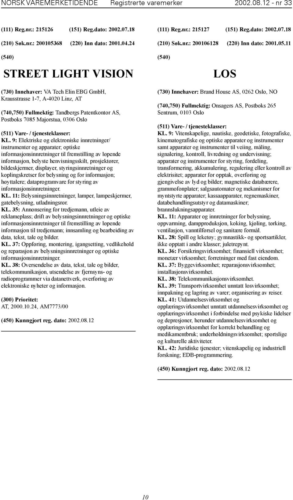 11 STREET LIGHT VISION LOS (730) Innehaver: VA Tech Elin EBG GmbH, Krausstrasse 1-7, A-4020 Linz, AT (740,750) Fullmektig: Tandbergs Patentkontor AS, Postboks 7085 Majorstua, 0306 Oslo KL.