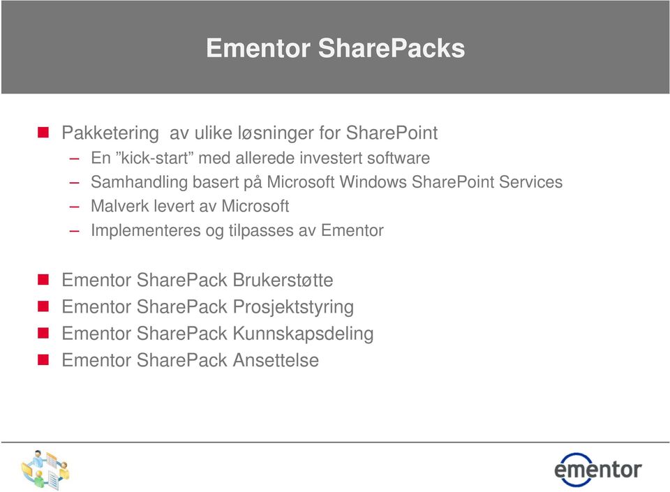 Malverk levert av Microsoft Implementeres og tilpasses av Ementor Ementor SharePack