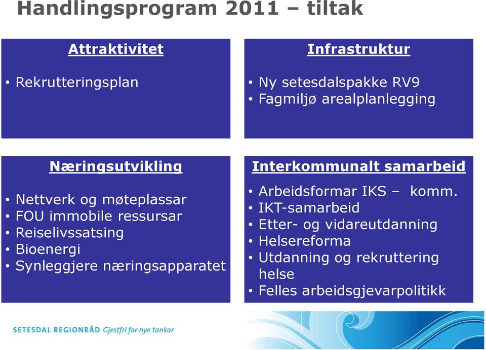 Reiselivssatsing Bioenergi Synleggjere næringsapparatet Interkommunalt samarbeid Arbeidsformar IKS