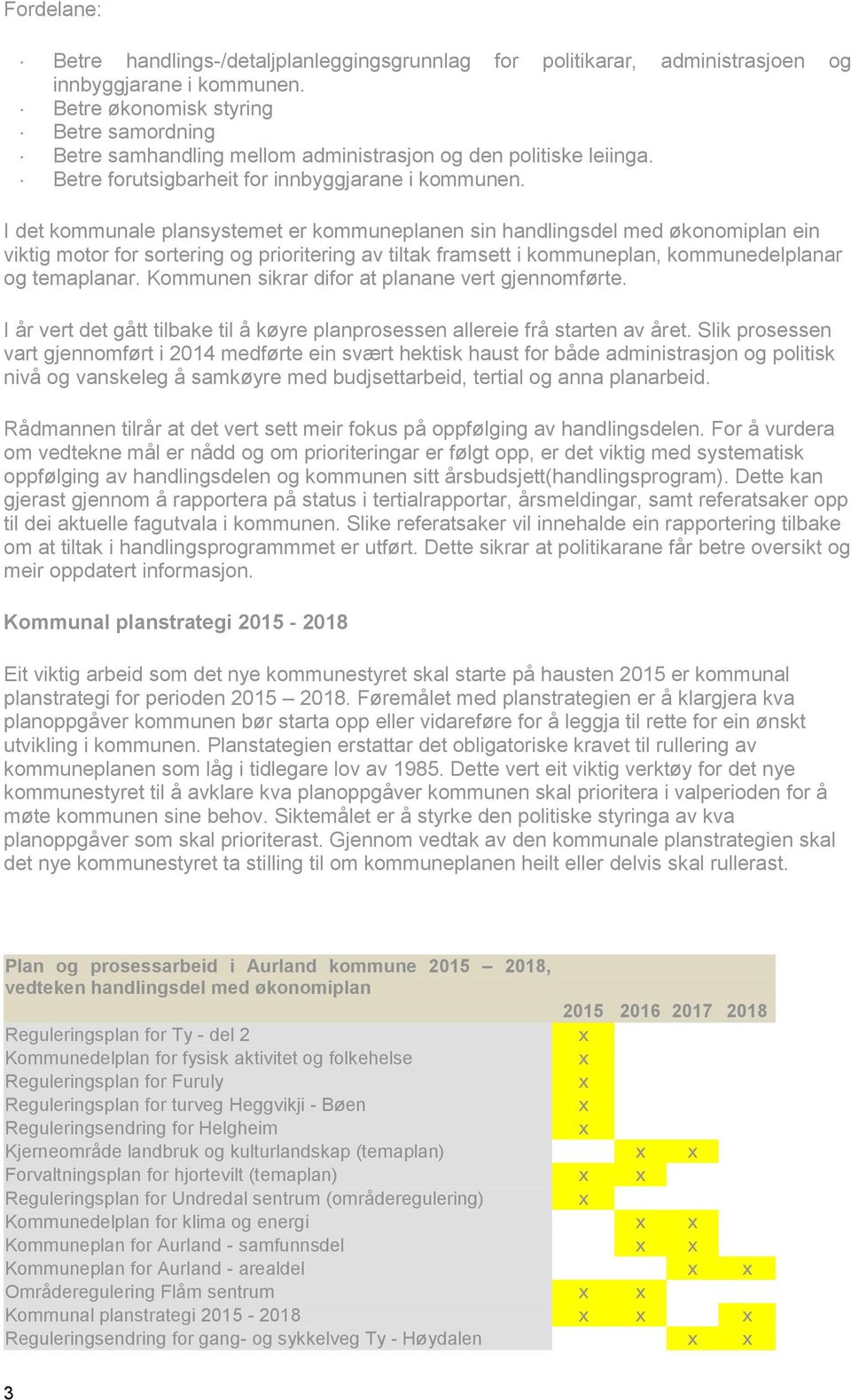 I det kommunale plansystemet er kommuneplanen sin handlingsdel med økonomiplan ein viktig motor for sortering og prioritering av tiltak framsett i kommuneplan, kommunedelplanar og temaplanar.