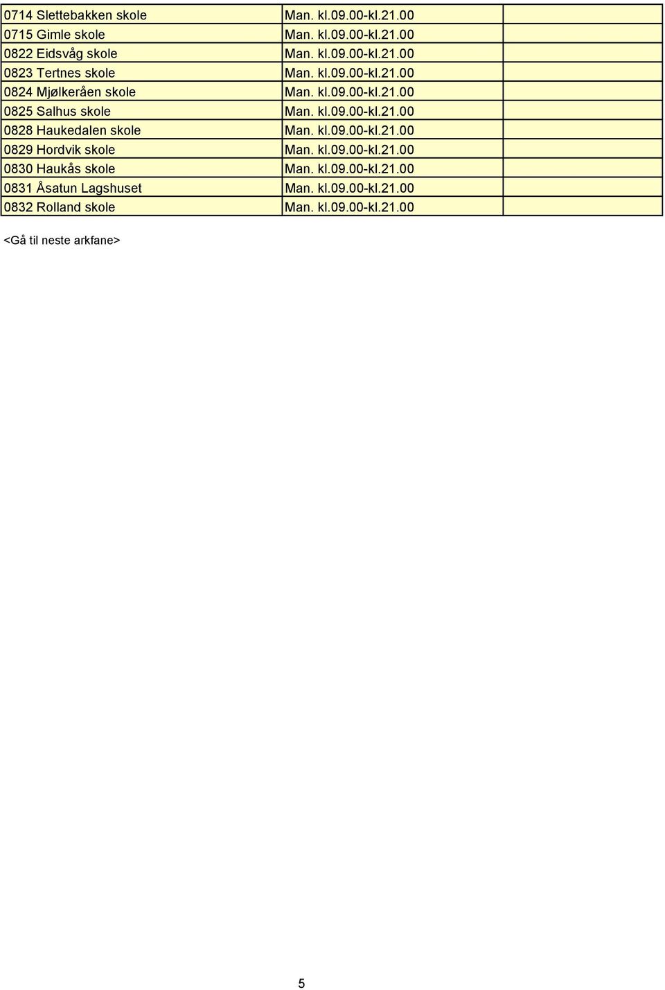 kl.9.-kl.21. 829 Hordvik skole Man. kl.9.-kl.21. 83 Haukås skole Man. kl.9.-kl.21. 831 Åsatun Lagshuset Man.