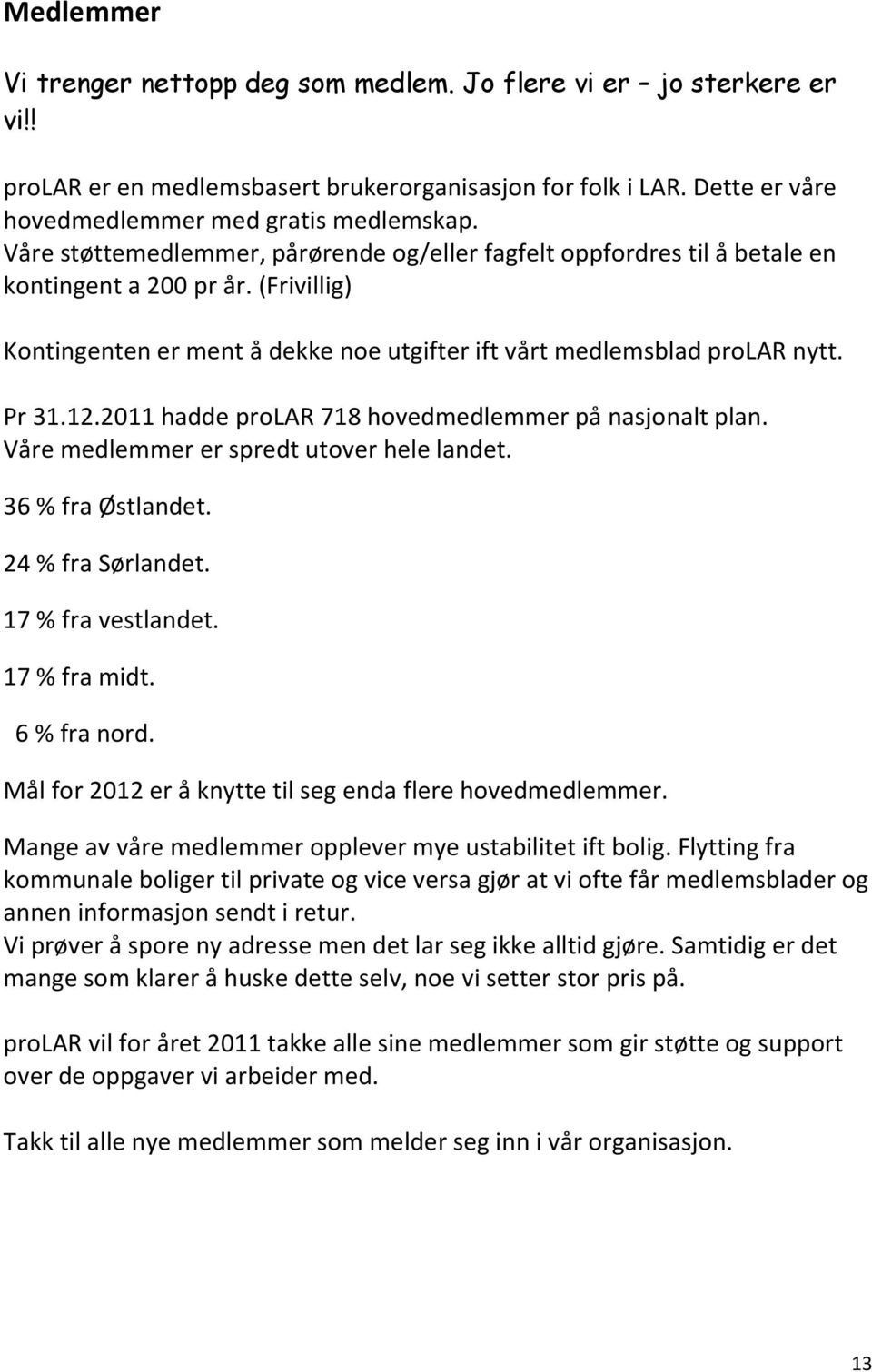 2011 hadde prolar 718 hovedmedlemmer på nasjonalt plan. Våre medlemmer er spredt utover hele landet. 36 % fra Østlandet. 24 % fra Sørlandet. 17 % fra vestlandet. 17 % fra midt. 6 % fra nord.