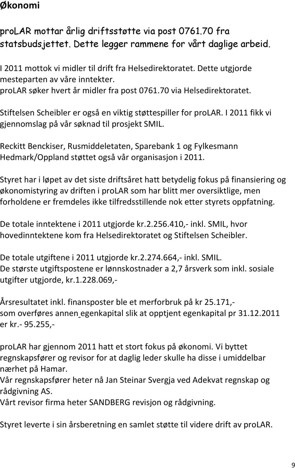 I 2011 fikk vi gjennomslag på vår søknad til prosjekt SMIL. Reckitt Benckiser, Rusmiddeletaten, Sparebank 1 og Fylkesmann Hedmark/Oppland støttet også vår organisasjon i 2011.